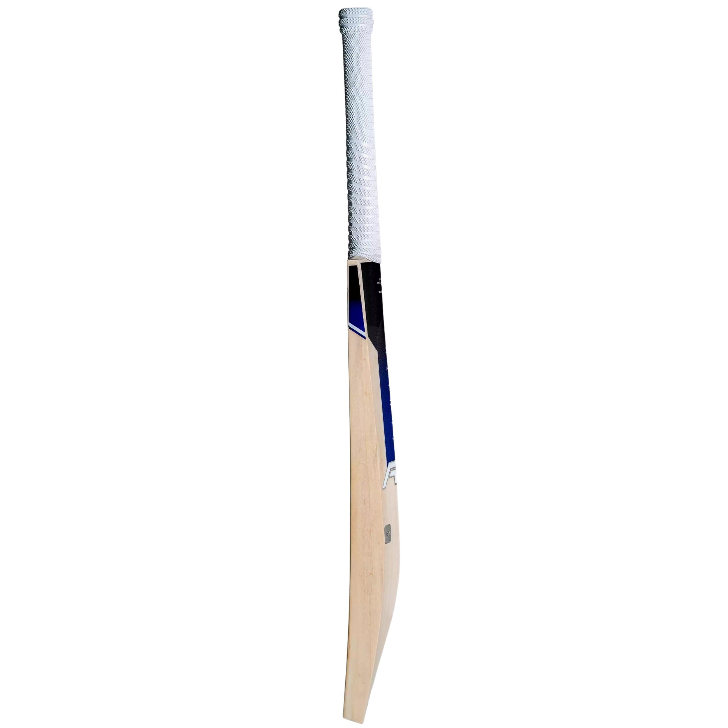 Right side view of the A2 Zenith Grade-1 cricket bat, emphasizing its clean craftsmanship, thick edges, and perfectly balanced weight distribution for effortless handling.