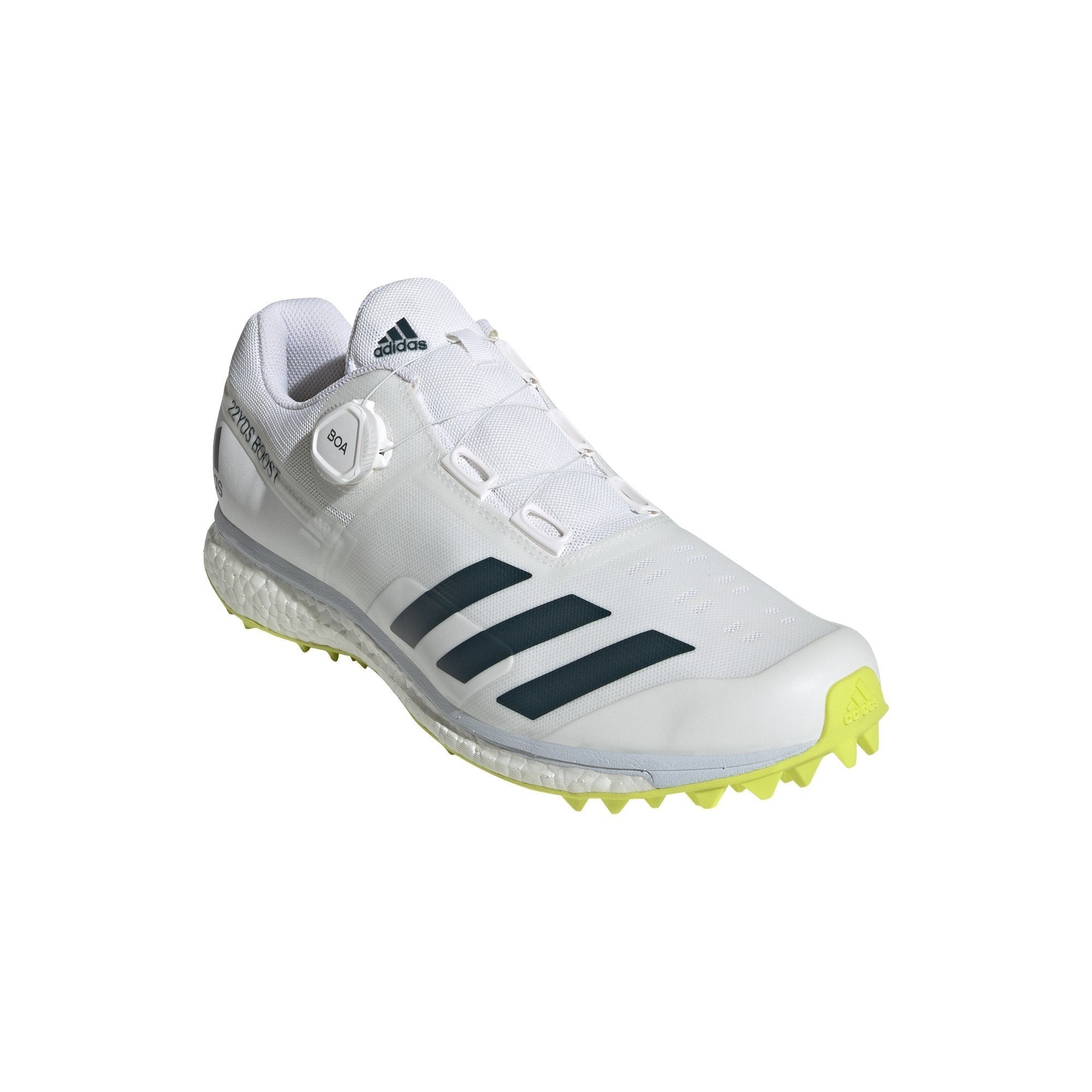 Front cross-angle view of Adidas 22YDS Boost Cricket Shoes, highlighting the breathable mesh upper, precision lacing, and dynamic Acid Yellow aesthetics.