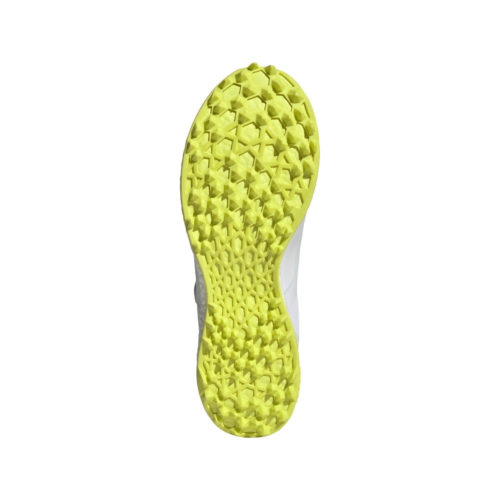 Bottom view of Adidas 22YDS Boost Cricket Shoes, highlighting the TPU outsole with durable traction lugs for superior field grip and stability.