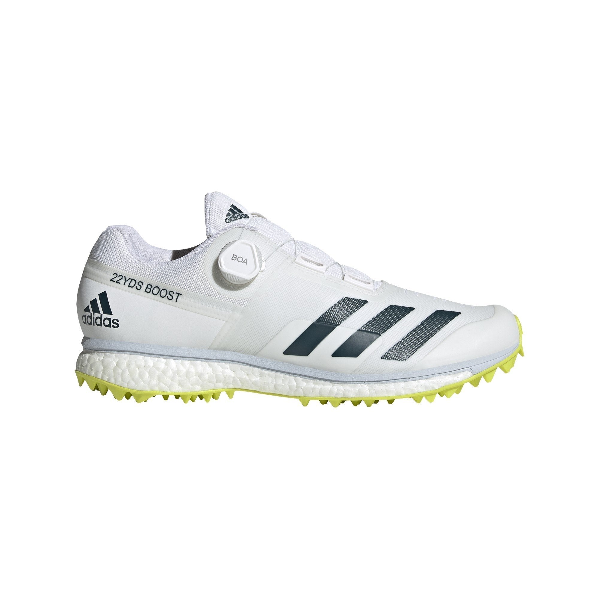 Left side view of Adidas 22YDS Boost Cricket Shoes, showcasing the high-performance midsole with Boost technology and a sleek silhouette.