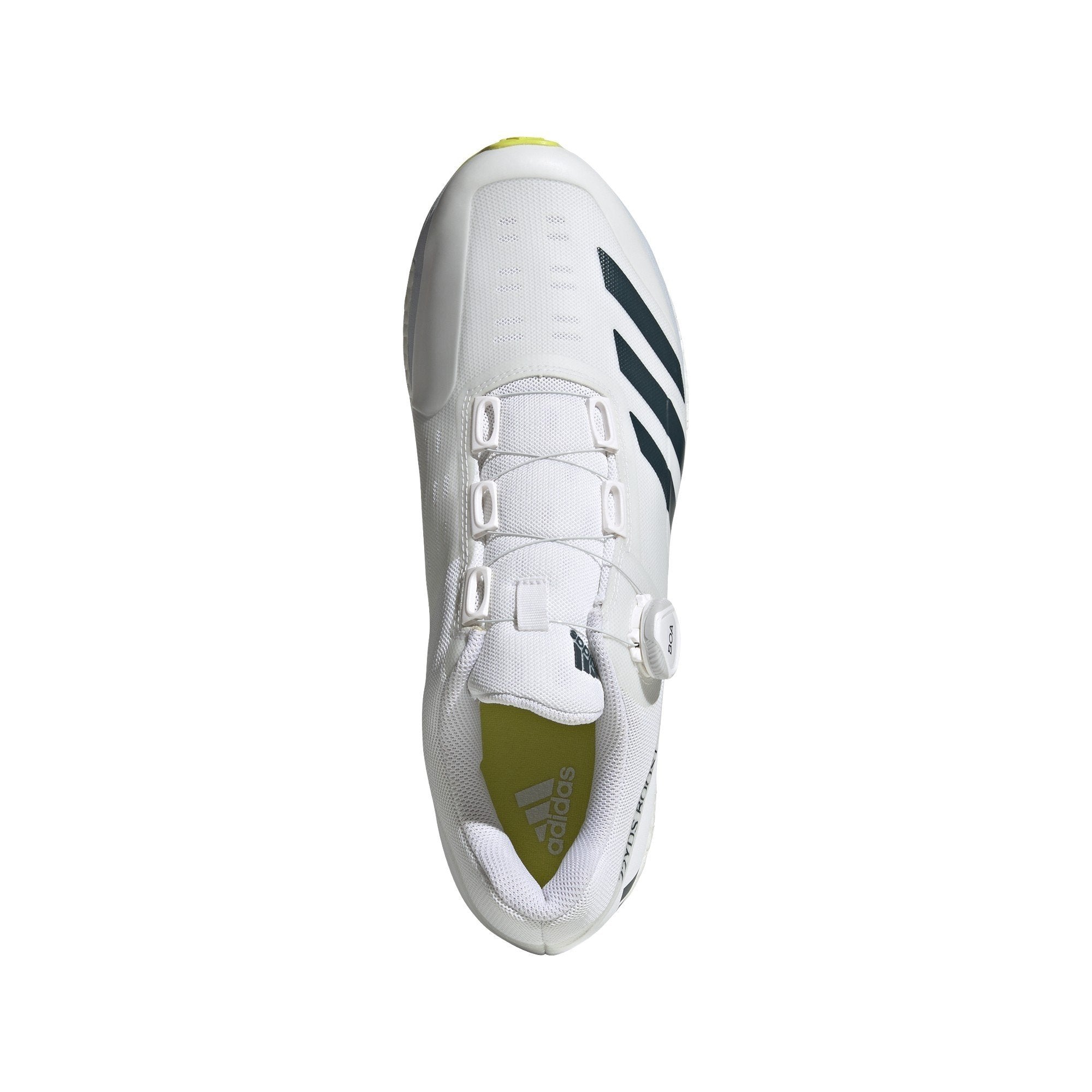 Top view of Adidas 22YDS Boost Cricket Shoes, displaying the streamlined BOA tightening system and lightweight construction for a custom fit.