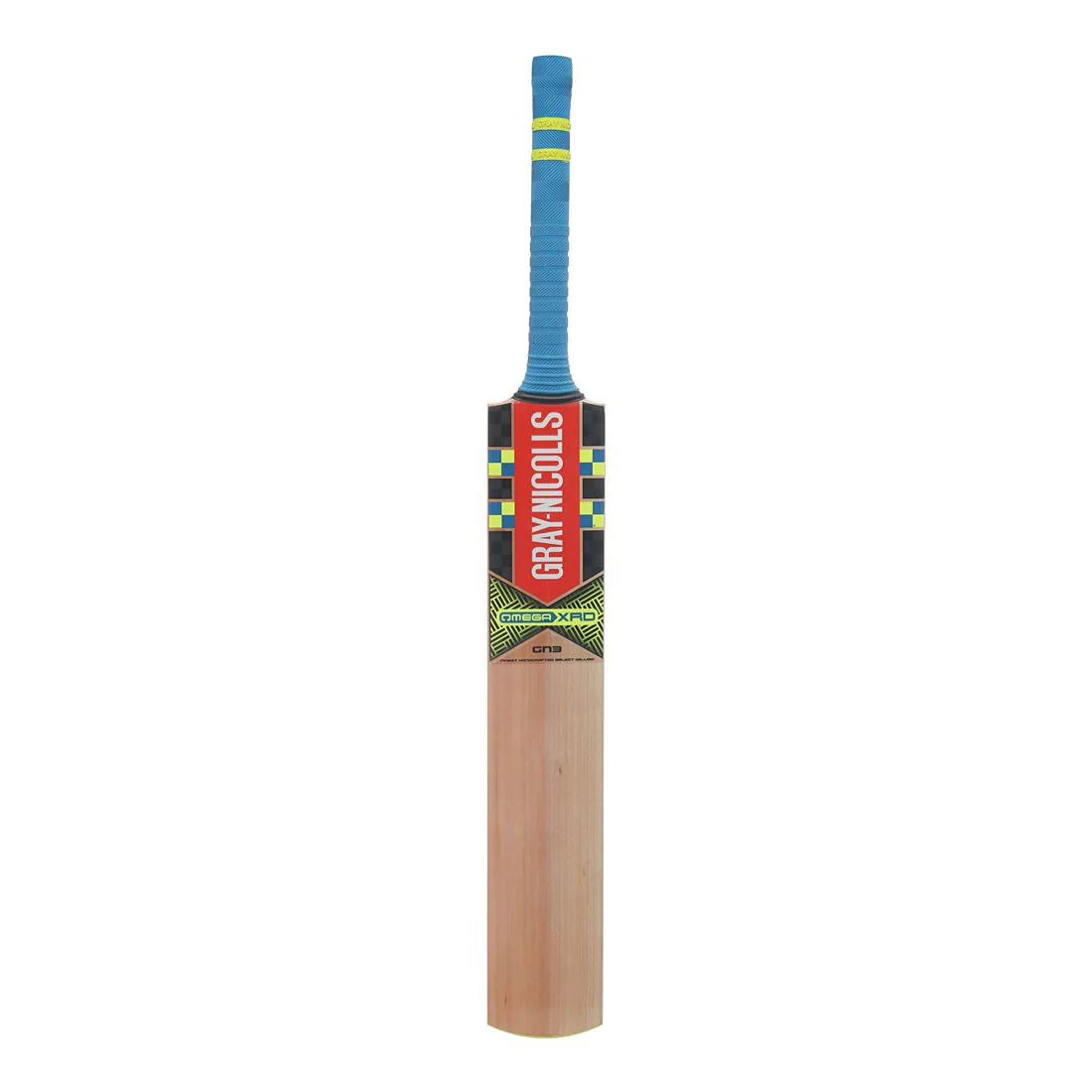 Back view of the Gray Nicolls Omega XRD GN3 cricket bat, displaying the elegant branding and high-quality English willow grain pattern for durability and power.