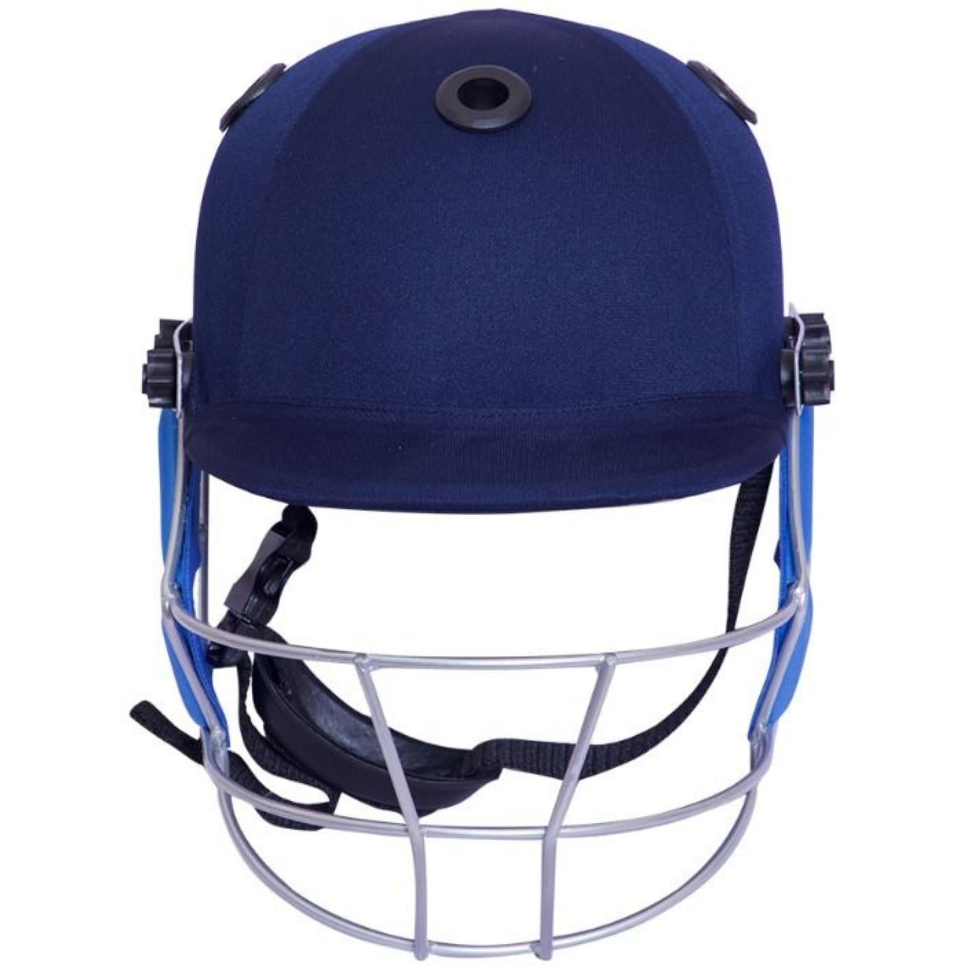 Front view of the SS Gutsy cricket batting helmet in navy blue, showcasing the adjustable grill and smooth finish designed for superior protection and visibility.